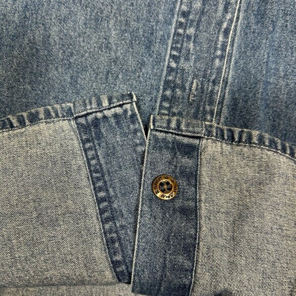 Vtg Mary Jane Denim Button Up Shirt Dark Wash Blue Embroidered Stars Flag Sz M - Picture 7 of 8